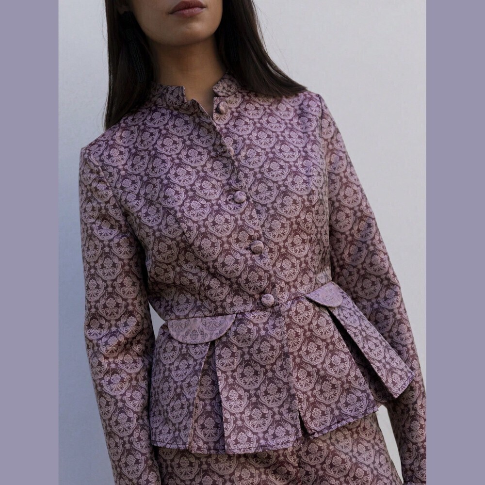 Plum Damask Print Peplum Jacket with Stand Collar